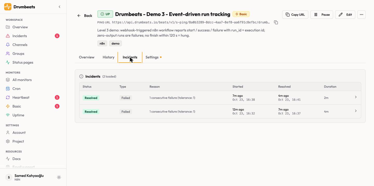 Drumbeats incidents tab for the Demo 3 monitor: two drill failures, each opened on the first failure ping and resolved by the next success ping, with their durations