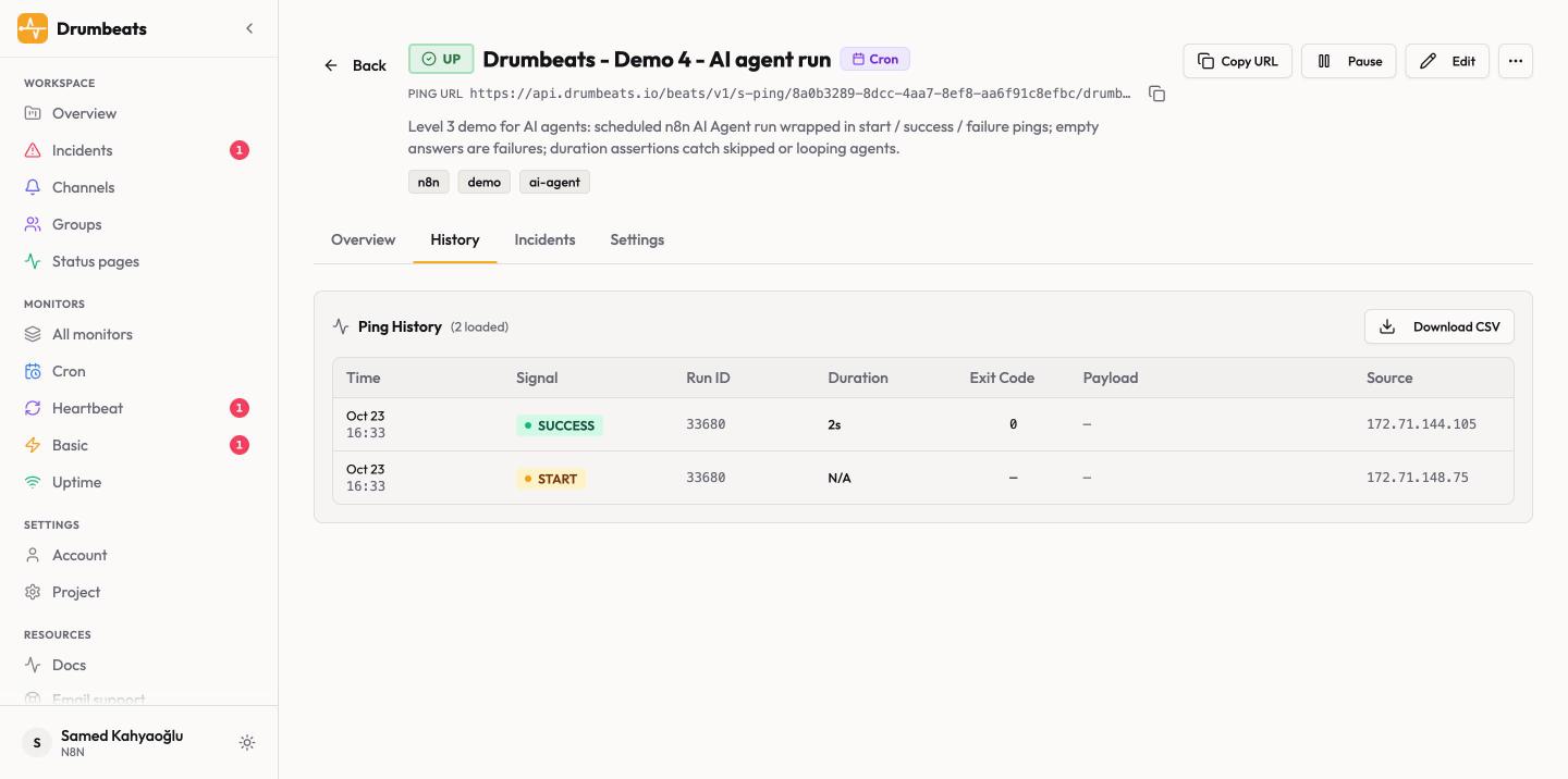 Drumbeats ping history for the agent monitor: one run, START then SUCCESS two seconds later, exit code 0, the summary stored as the payload