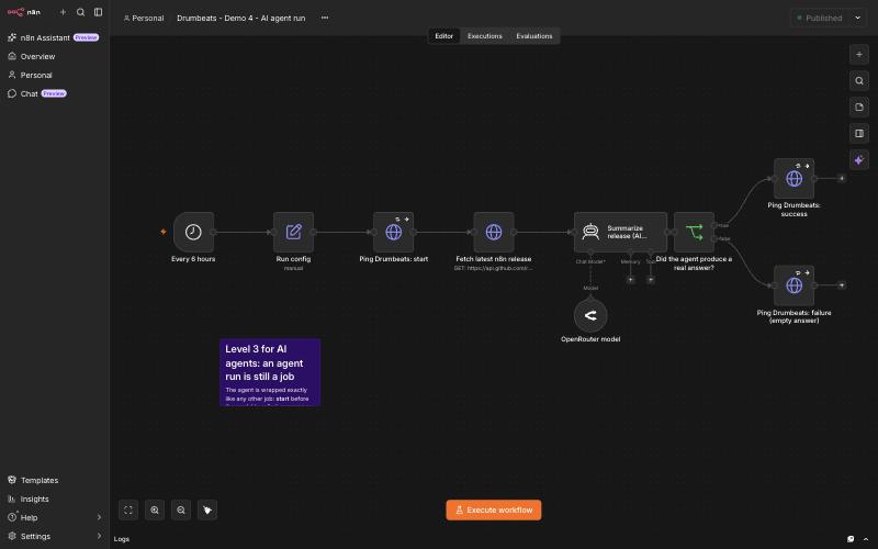 Demo 4: a 6-hourly schedule, a start ping, an AI Agent node summarising n8n release notes, and an IF node that checks for a real answer before pinging success or failure