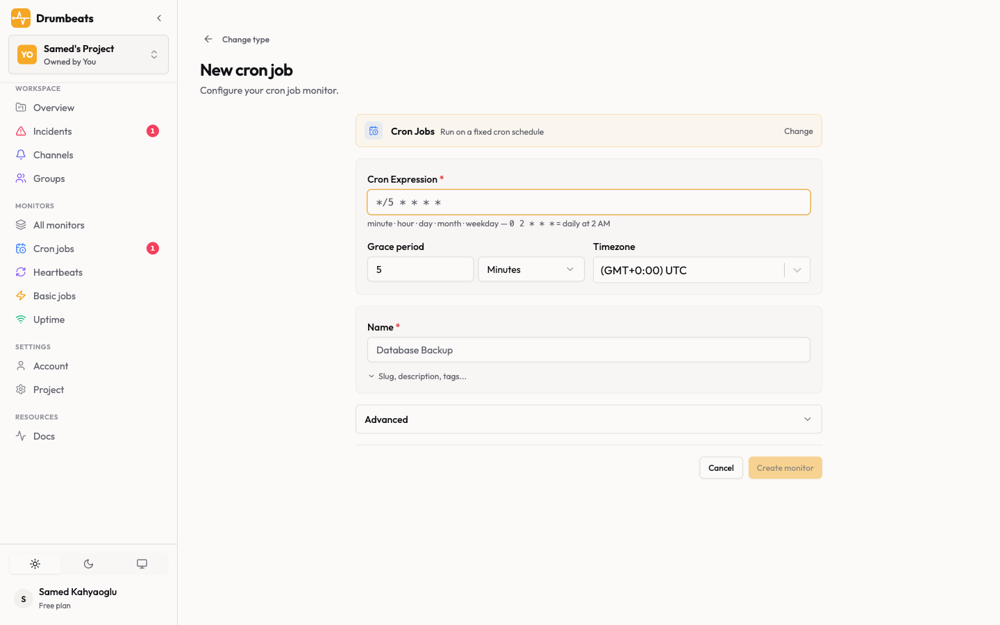 Drumbeats new cron monitor form on staging — cron expression input, grace period selector, timezone dropdown, and name field